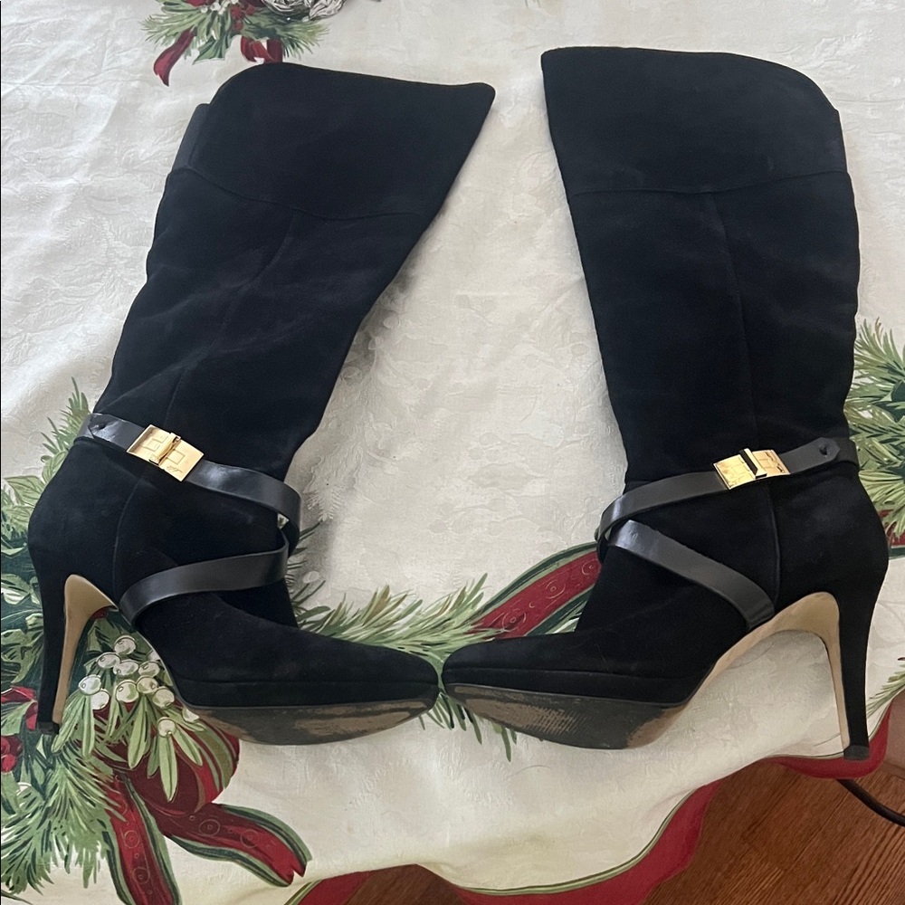 Marc Fisher Black Heeled knee high Boots with Gold Accent
